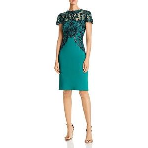 Tadashi Shoji Floral Short Sleeve Illusion Neckline Sequined Dress